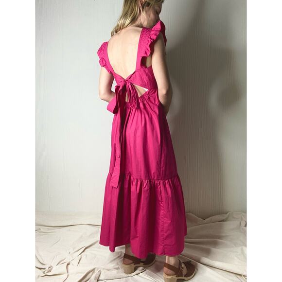 CAARA Ruffle Open Tie Bow Back Cotton Magenta Prairie Maxi Dress NWT US MEDIUM - Picture 9 of 16
